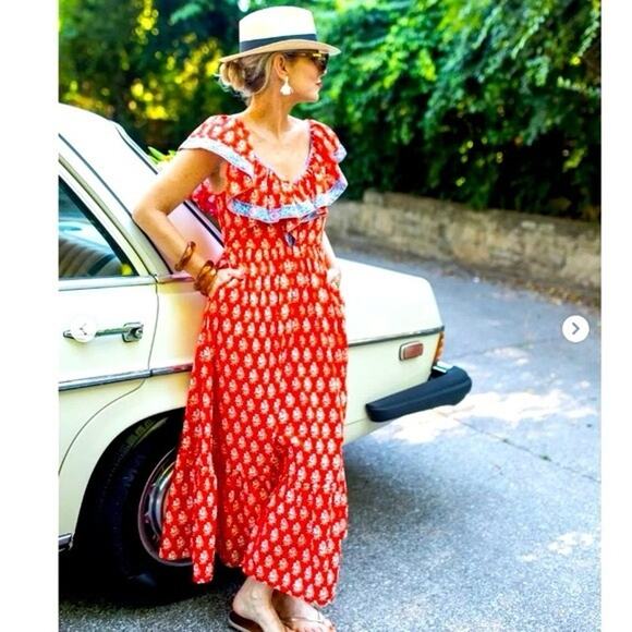 J.Crew Flutter V-neck Maxi in Cerise Cove Red Classic Block Print Dress US 16 - Picture 4 of 12